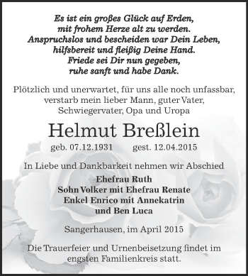 Traueranzeige von Helmut Breßlein von Super Sonntag SGH Mansf. Land