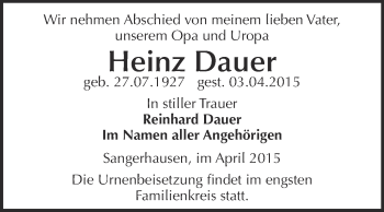 Traueranzeige von Heinz Dauer von Super Sonntag SGH Mansf. Land