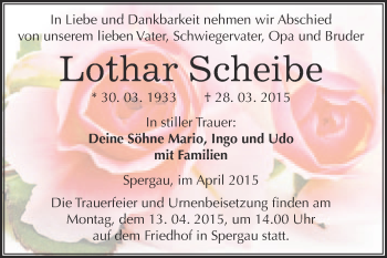 Traueranzeige von Lothar Scheibe von WVG - Wochenspiegel Merseburg