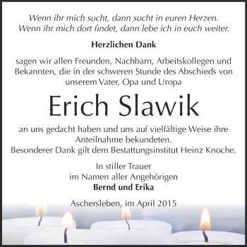 Traueranzeige von Erich Slawik von Super Sonntag Aschersleben