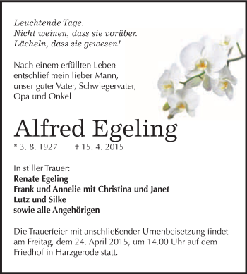 Traueranzeige von Alfred Egeling von WVG - Wochenspiegel Quedlinburg