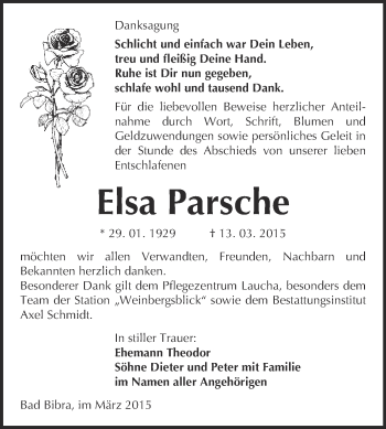 Traueranzeige von Elsa Parsche von WVG - Wochenspiegel NMB / WSF / ZTZ
