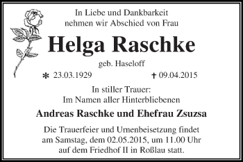 Traueranzeige von Helga Raschke von WVG - Wochenspiegel Dessau / Köthen