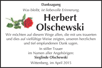 Traueranzeige von Herbert Olschewski von Super Sonntag Wittenberg