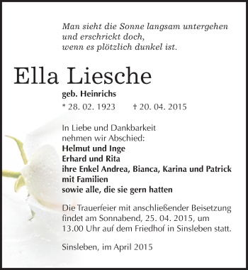Traueranzeige von Ella Liesche von Mitteldeutsche Zeitung Quedlinburg