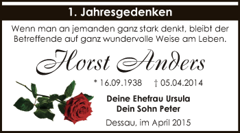 Traueranzeige von Horst Anders von WVG - Wochenspiegel Dessau / Köthen