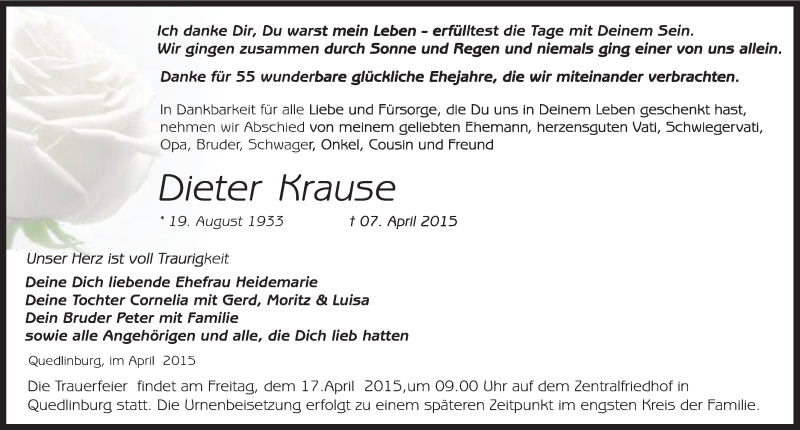  Traueranzeige für Dieter Krause vom 11.04.2015 aus Mitteldeutsche Zeitung Quedlinburg