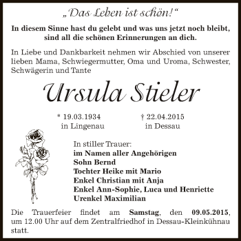 Traueranzeige von Ursula Stieler von WVG - Wochenspiegel Dessau / Köthen