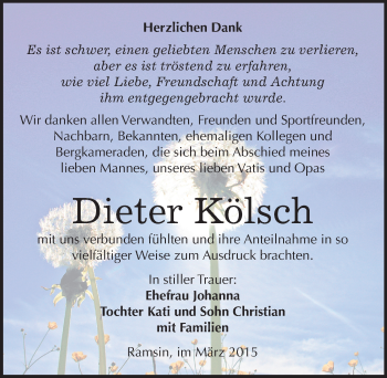 Traueranzeige von Dieter Kölsch von Mitteldeutsche Zeitung Bitterfeld