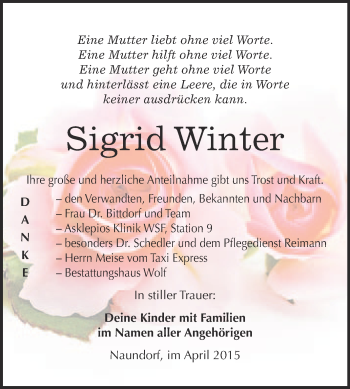 Traueranzeige von Sigrid Winter von WVG - Wochenspiegel NMB / WSF / ZTZ