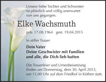 Traueranzeige von Elke Wachsmuth von WVG - Wochenspiegel Dessau / Köthen