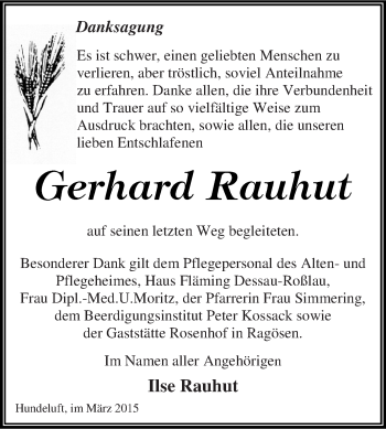 Traueranzeige von Gerhard Rauhut von WVG - Wochenspiegel Dessau / Köthen