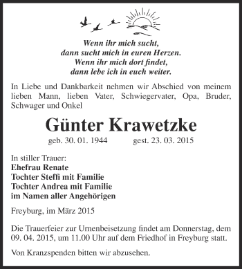Traueranzeige von Günter Krawetzke von WVG - Wochenspiegel NMB / WSF / ZTZ