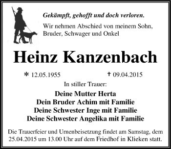 Traueranzeige von Heinz Kanzenbach von Mitteldeutsche Zeitung Wittenberg