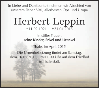 Traueranzeige von Herbert Leppin von Super Sonntag Quedlinburg