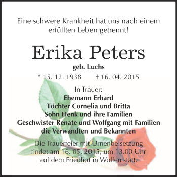 Traueranzeige von Erika Peters von WVG - Wochenspiegel Bitterfeld
