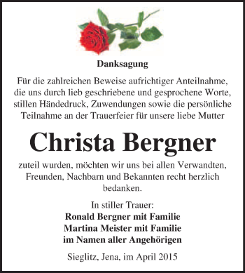 Traueranzeige von Christa Bergner von WVG - Wochenspiegel NMB / WSF / ZTZ