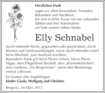 Traueranzeige von Elly Schnabel von Super Sonntag Wittenberg