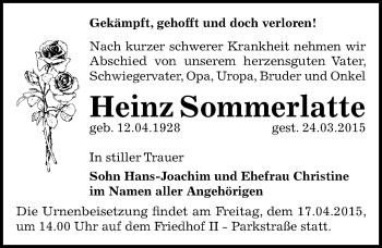 Traueranzeige von Heinz Sommerlatte von Mitteldeutsche Zeitung Bernburg