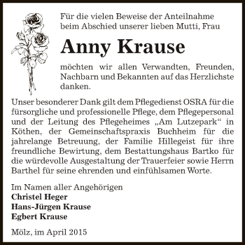 Traueranzeige von Anny Krause von Super Sonntag Bernburg