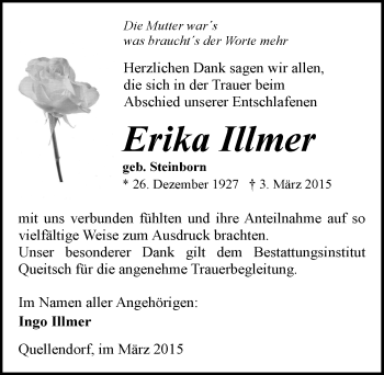 Traueranzeige von Erika Illmer von Mitteldeutsche Zeitung Köthen