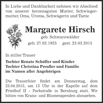 Traueranzeige von Margarete Hirsch von Super Sonntag Bernburg
