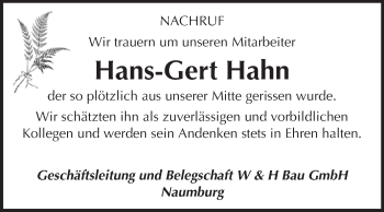 Traueranzeige von Hans-Gert Hahn von WVG - Wochenspiegel NMB / WSF / ZTZ