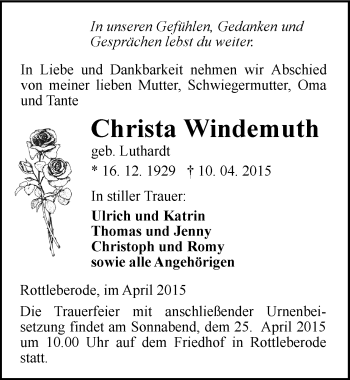 Traueranzeige von Christa Windemuth von Mitteldeutsche Zeitung Sangerhausen