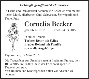 Traueranzeige von Cornelia Becker von WVG - Wochenspiegel NMB / WSF / ZTZ