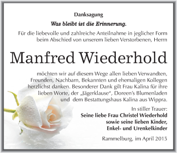 Traueranzeige von Manfred Wiederhold von Mitteldeutsche Zeitung Mansfelder Land