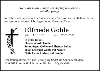 Traueranzeige von Elfriede Gohle von Mitteldeutsche Zeitung Merseburg/Querfurt