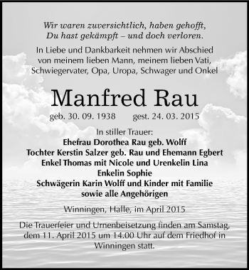 Traueranzeige von Manfred Rau von Mitteldeutsche Zeitung Aschersleben