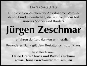 Traueranzeige von Jürgen Zeschmar von Mitteldeutsche Zeitung Weißenfels