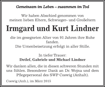 Traueranzeige von Irmgard und Kurt Lindner von WVG - Wochenspiegel Dessau / Köthen