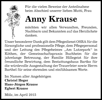 Traueranzeige von Anny Krause von Mitteldeutsche Zeitung Bernburg