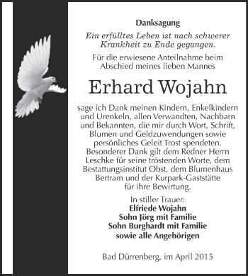 Traueranzeige von Erhard Wojahn von Super Sonntag Merseburg