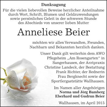 Traueranzeige von Anneliese Beier von Super Sonntag SGH Mansf. Land