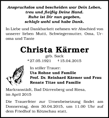 Traueranzeige von Christa Kärmer von Mitteldeutsche Zeitung Merseburg/Querfurt