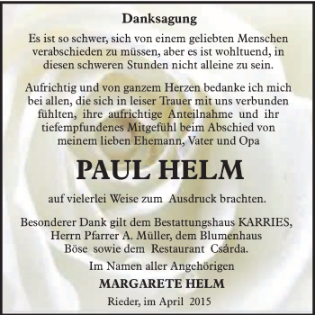 Traueranzeige von Paul Helm von WVG - Wochenspiegel Quedlinburg