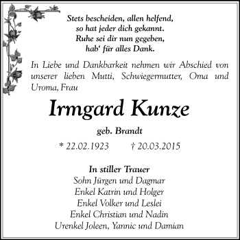 Traueranzeige von Irmgard Kunze von WVG - Wochenspiegel NMB / WSF / ZTZ