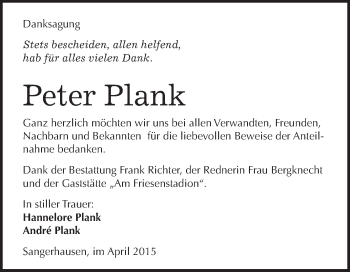 Traueranzeige von Peter Plank von Super Sonntag SGH Mansf. Land