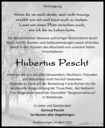 Traueranzeige von Hubertus Pescht von Super Sonntag SGH Mansf. Land