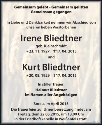 Traueranzeige von Irene und Kurt Bliedtner von WVG - Wochenspiegel NMB / WSF / ZTZ