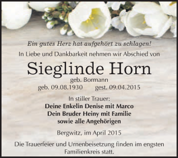Traueranzeige von Sieglinde Horn von WVG - Wochenspiegel Wittenberg