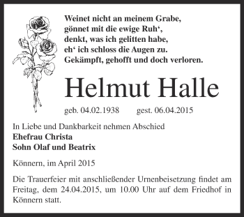 Traueranzeige von Helmut Halle von Super Sonntag Bernburg