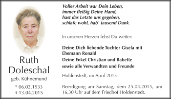 Traueranzeige von Ruth Doleschal von Super Sonntag SGH Mansf. Land