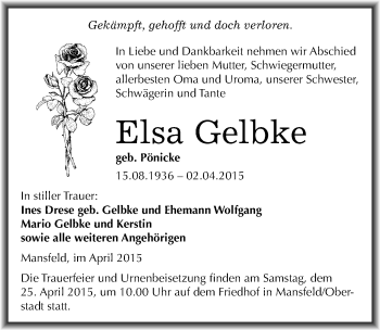Traueranzeige von Elsa Gelbke von Mitteldeutsche Zeitung Mansfelder Land