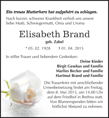 Traueranzeige von Elisabeth Brand von Mitteldeutsche Zeitung Bitterfeld