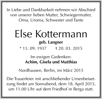 Traueranzeige von Else Kottermann von Mitteldeutsche Zeitung Sangerhausen