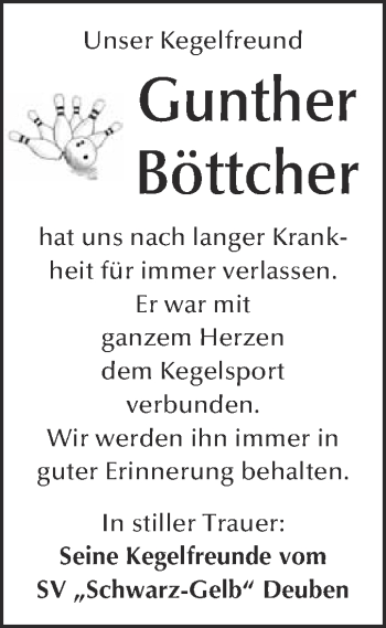 Traueranzeige von Gunther Böttcher von WVG - Wochenspiegel NMB / WSF / ZTZ